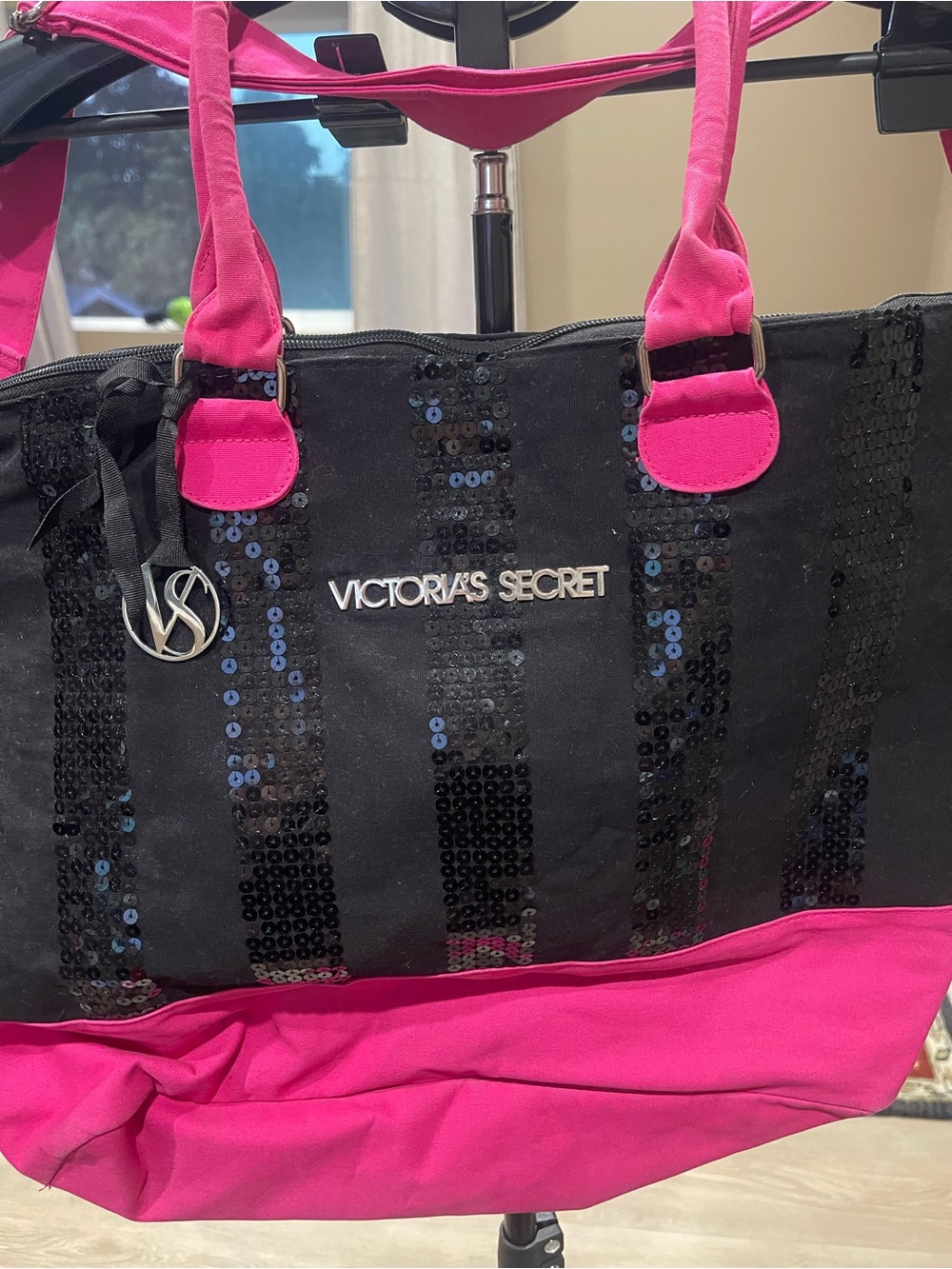 Victoria's Secret Black and Hot Pink Sequin Tote